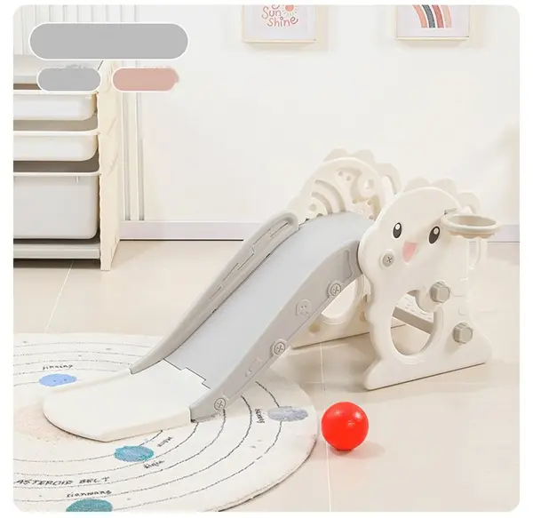 Tobogan pentru copii Nichiduta Garden Little Grey Dragon, design pliabil, cu mini-cos de baschet, prevazut cu scara, manere de sustinere, dimensiune 38 x 115 x 54 cm