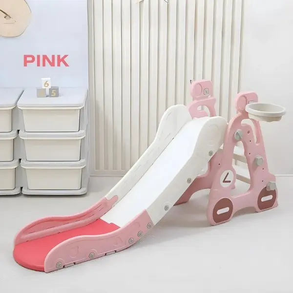 Tobogan pentru copii Nichiduta Garden Pink Car, cu mini-cos de Baschet si joc de precizie cu inele, cu scara, manere de sustinere, design pliabil, 38 x 155 x 70cm