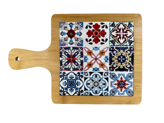Tocator decorativ model Ethnic, ceramica si bambus,multicolor,18x28 cm