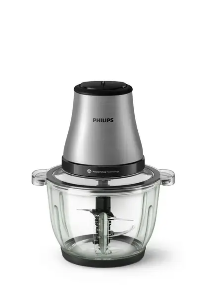 Tocator Philips HR1503/00, seria 3000, 500 W, tehnologie PowerChop, 4 lame, capacitate bol 2l, 2 viteze, material exterior metal, material bol sticla (Argintiu)