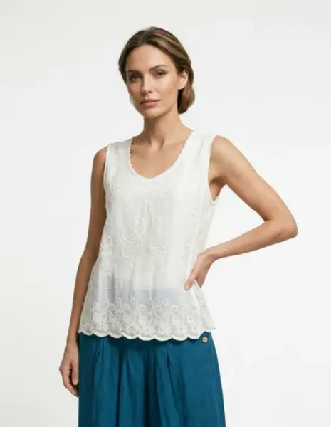 Top din bumbac cu broderie florala si dantela, alb
