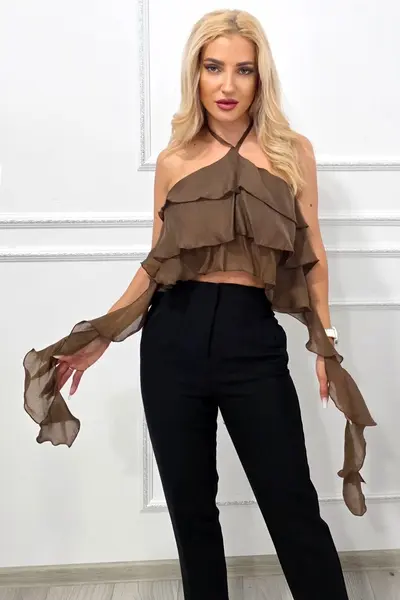 Top elegant asimetric Yuna, cu volane oversize petrecute, Maro, Marime S/M