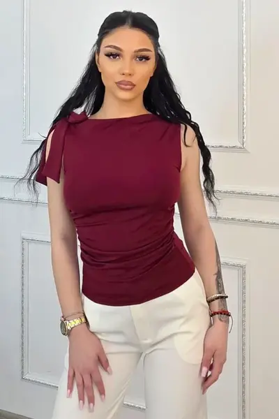 Top elegant Camell, cu legare laterala si falduri, Rosu Bordo
