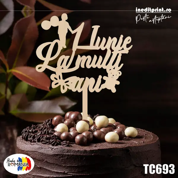 Topper 1 Iunie La multi ani TC693 Lemn natur, 10x10cm