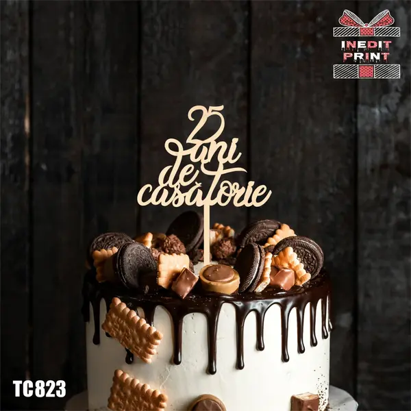 Topper Tort 25 ani de casatorie TC823 Lemn natur, 10x10cm
