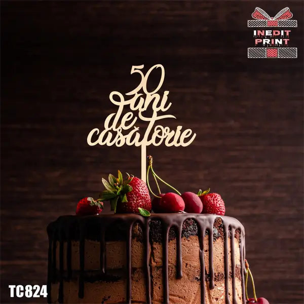 Topper Tort 50 ani de casatorie TC824 Lemn natur, 16x16cm