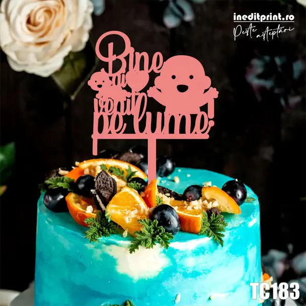 Topper Tort Bine ai venit pe lume TC183 Lemn natur, 15x20cm