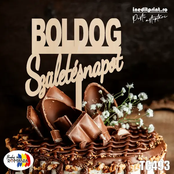 Topper tort Boldog Szuletesnapot TC493 Lemn natur, 20x20cm