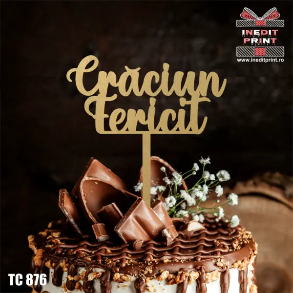 Topper Tort Craciun Fericit TC 876 Lemn natur, 20x20cm