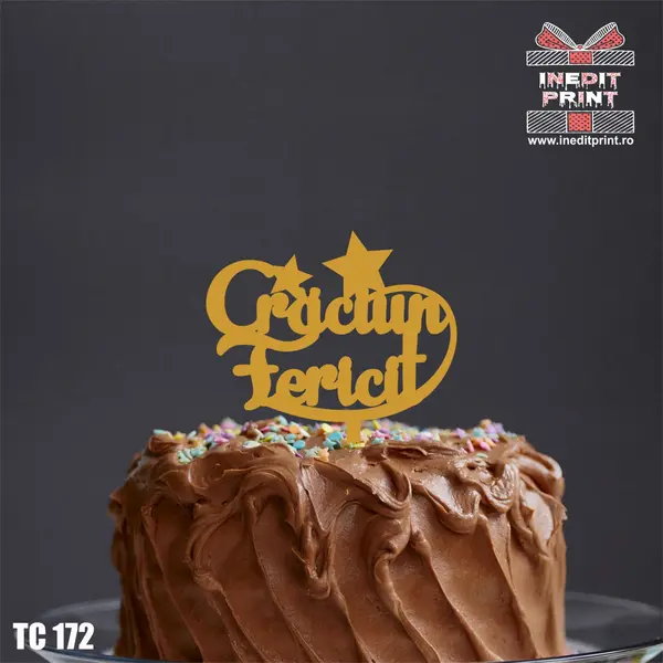 Topper tort Craciun fericit TC172 Lemn natur, 10x10cm