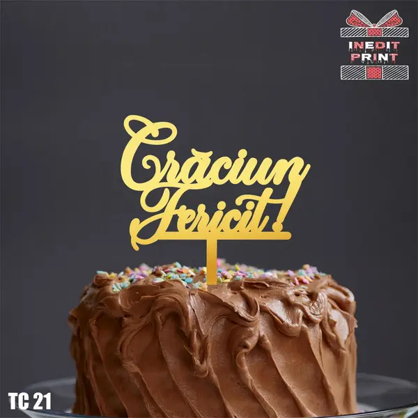 Topper tort Craciun fericit TC21 Lemn natur, 16x16cm