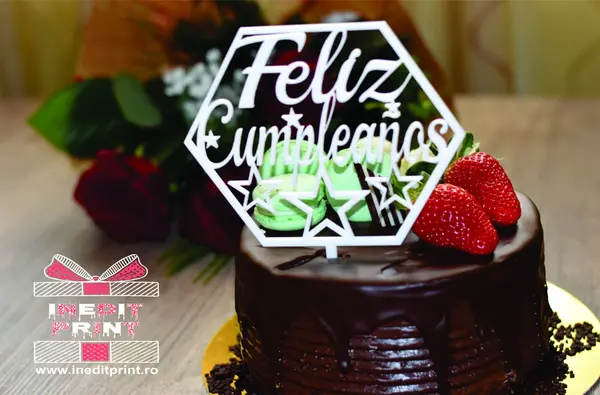 Topper Tort Feliz Cumpleanos TC53 Lemn natur, 20x20cm