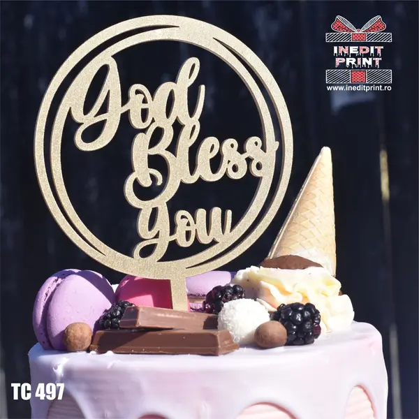 Topper tort God Bless You TC 497 Lemn natur, 16x16cm