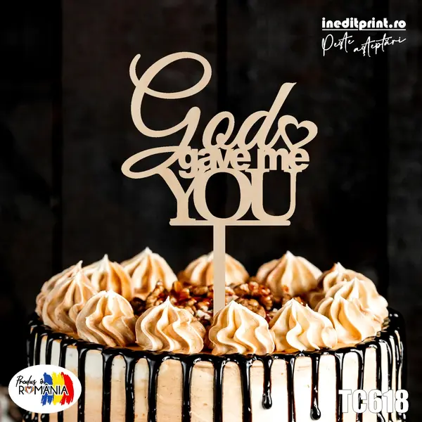 Topper tort God gave me you TC618 Lemn natur, 13x13cm