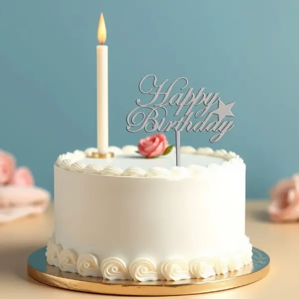 Topper tort Happy Birthday, mdf argintiu, 12x8 cm