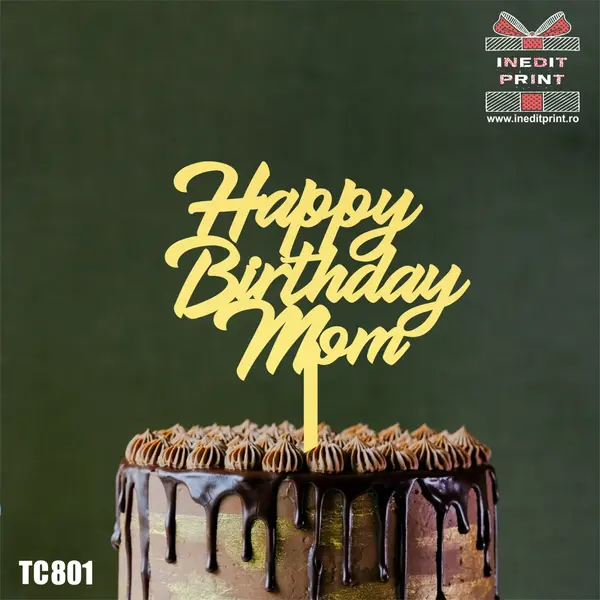 Topper Tort Happy Birthday Mom TC801 Lemn natur, 13x13cm
