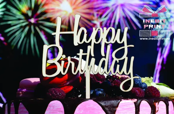 Topper Tort Happy Birthday TC154 Lemn natur, 10x10cm