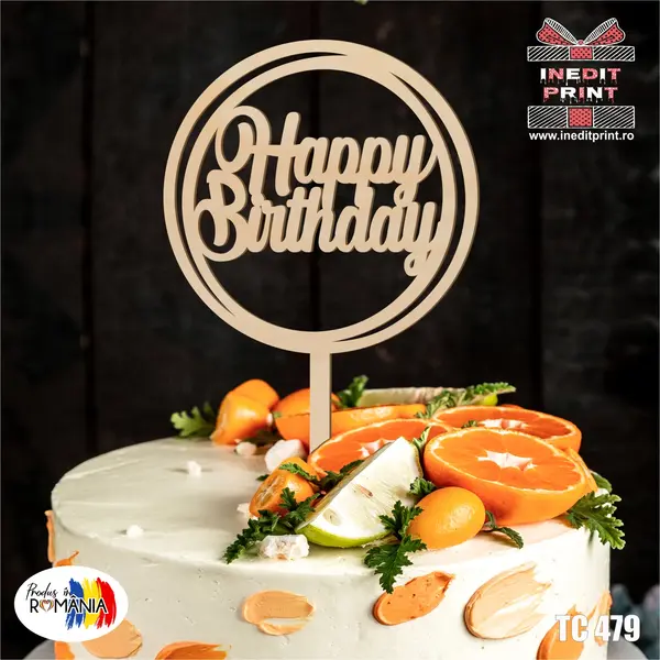 Topper tort Happy Birthday TC479 Lemn natur, 10x10cm