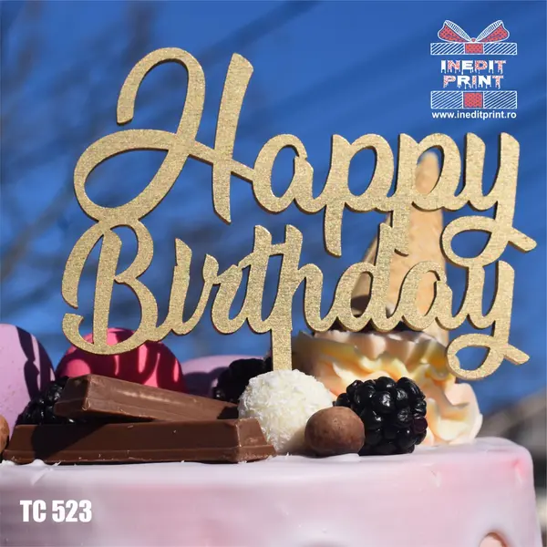 Topper tort Happy Birthday TC523 Lemn natur, 16x16cm