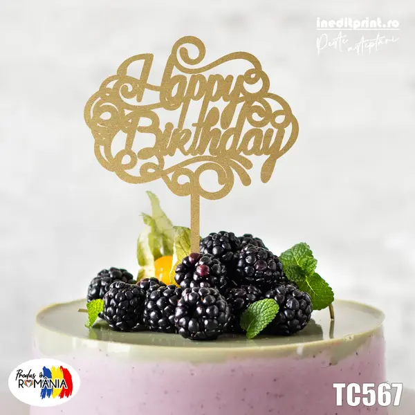 Topper tort Happy Birthday TC567 Lemn natur, 10x10cm