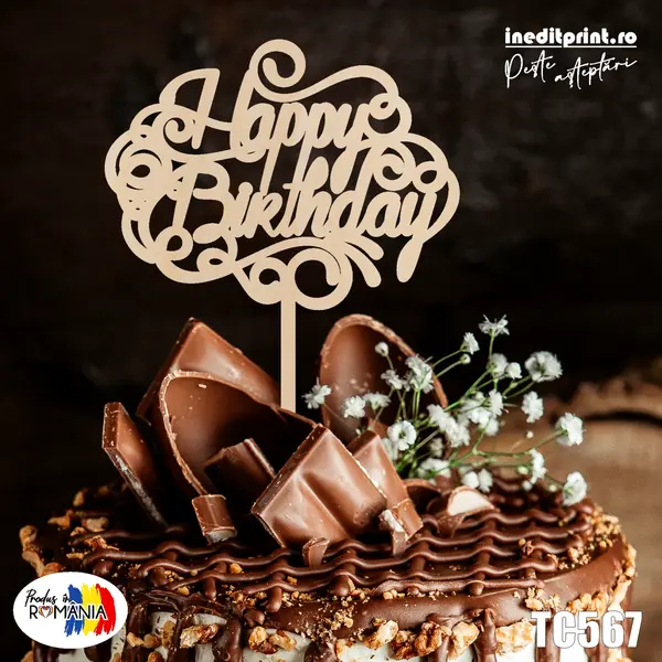 Topper tort Happy Birthday TC567 Lemn natur, 13x13cm