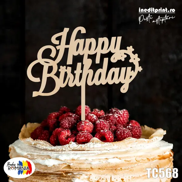 Topper tort Happy Birthday TC568 Lemn natur, 10x10cm