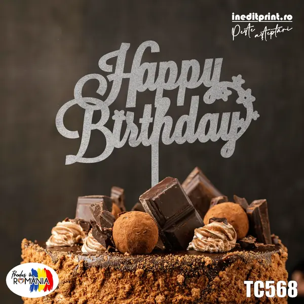 Topper tort Happy Birthday TC568 Lemn natur, 20x20cm