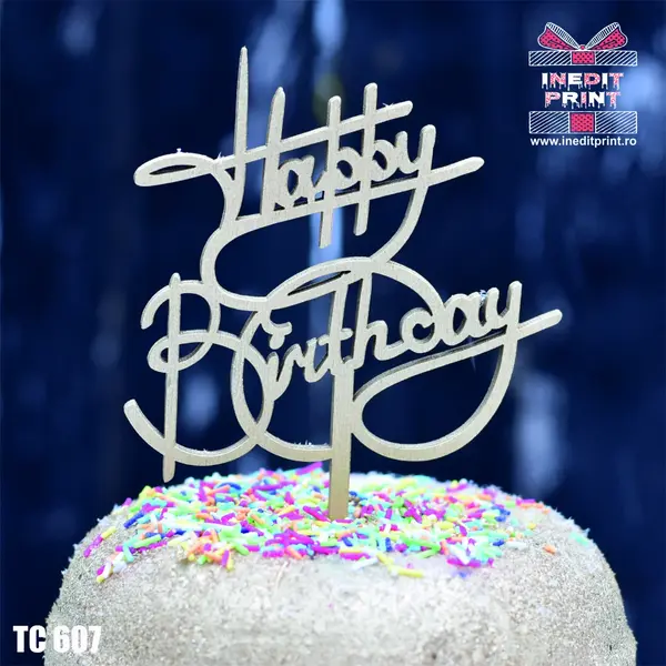 Topper tort Happy Birthday TC607 Lemn natur, 13x13cm
