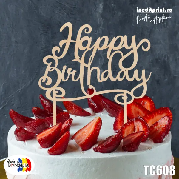 Topper tort Happy Birthday TC608 Lemn natur, 13x13cm