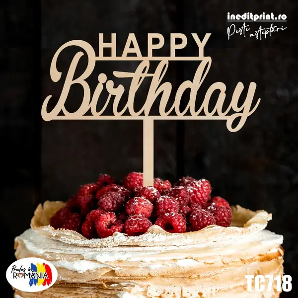 Topper tort Happy Birthday TC718 Lemn natur, 13x13cm