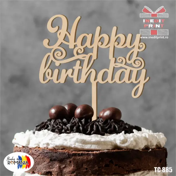 Topper Tort Happy Birthday TC885 Lemn natur, 20x20cm
