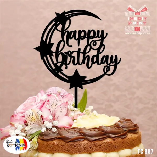 Topper tort Happy Birthday TC887 Lemn natur, 10x10cm