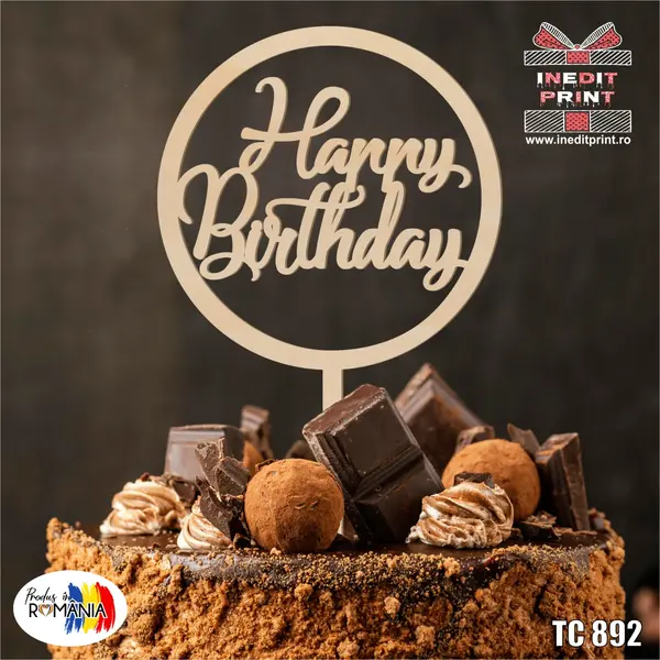 Topper tort Happy Birthday TC892 Lemn natur, 20x20cm
