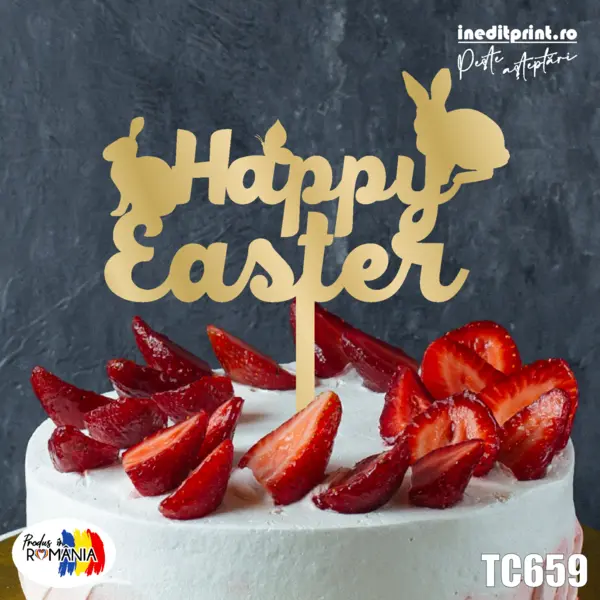 Topper tort Happy Easter TC659 Lemn natur, 10x10cm