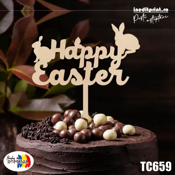 Topper tort Happy Easter TC659 Lemn natur, 16x16cm
