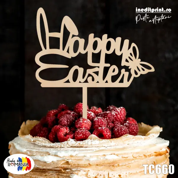 Topper tort Happy Easter TC660 Lemn natur, 13x13cm