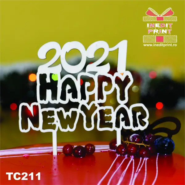 Topper tort Happy New Year TC211 Lemn natur, 16x16cm