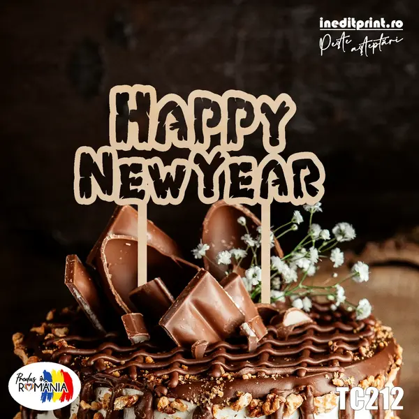 Topper tort Happy New Year TC212 Lemn natur, 10x10cm
