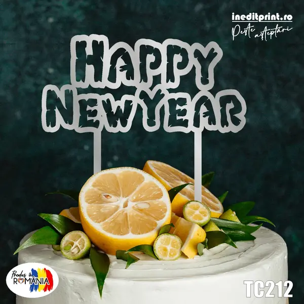 Topper tort Happy New Year TC212 Lemn natur, 16x16cm