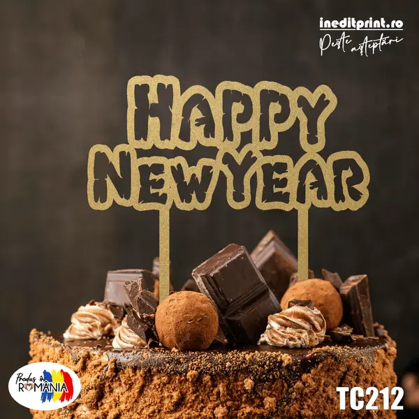 Topper tort Happy New Year TC212 Lemn natur, 20x20cm