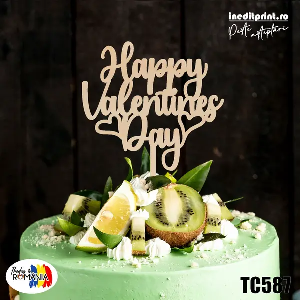 Topper tort Happy Valentines day TC587 Lemn natur, 20x20cm