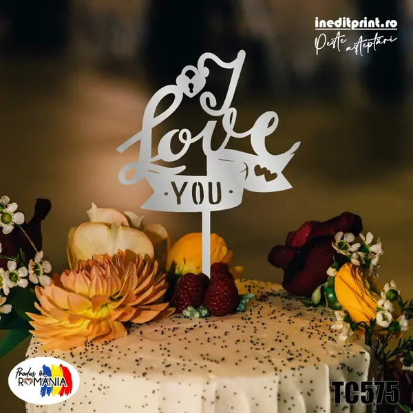Topper tort I Love You TC575 Lemn natur, 16x16cm