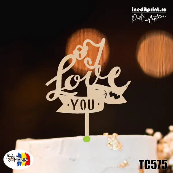 Topper tort I Love You TC575 Lemn natur, 20x20cm