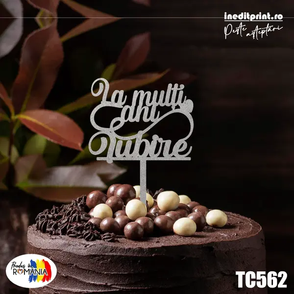 Topper tort La multi ani, iubire! TC562 Lemn natur, 13x13cm
