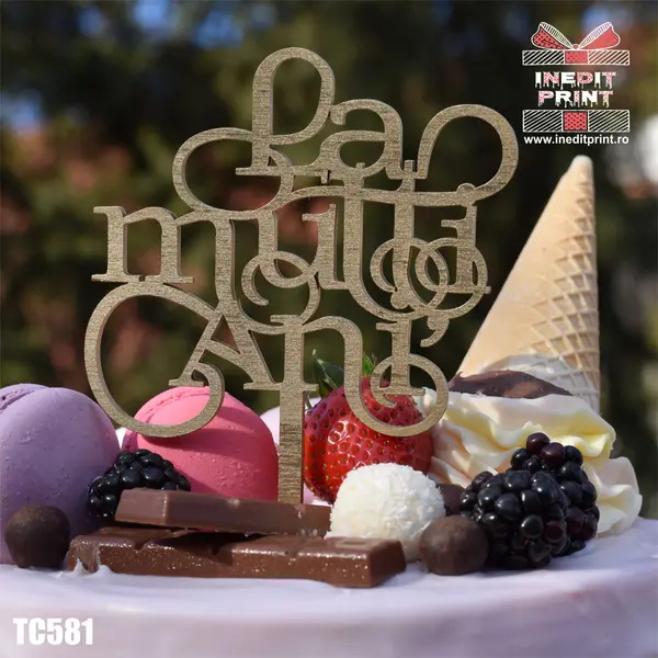 Topper tort La multi ani TC581 Lemn natur, 8x8cm