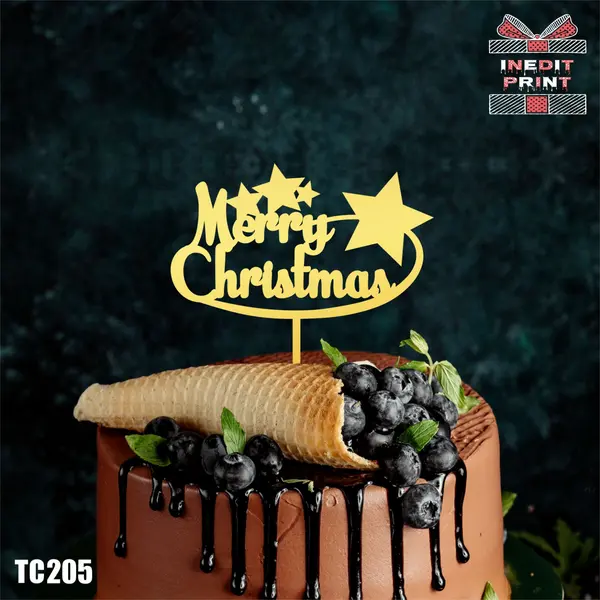 Topper tort Merry Christmas TC205 Lemn natur, 16x16cm