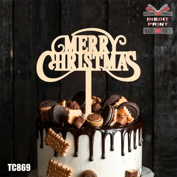 Topper Tort Merry Christmas TC869 Lemn natur, 10x10cm