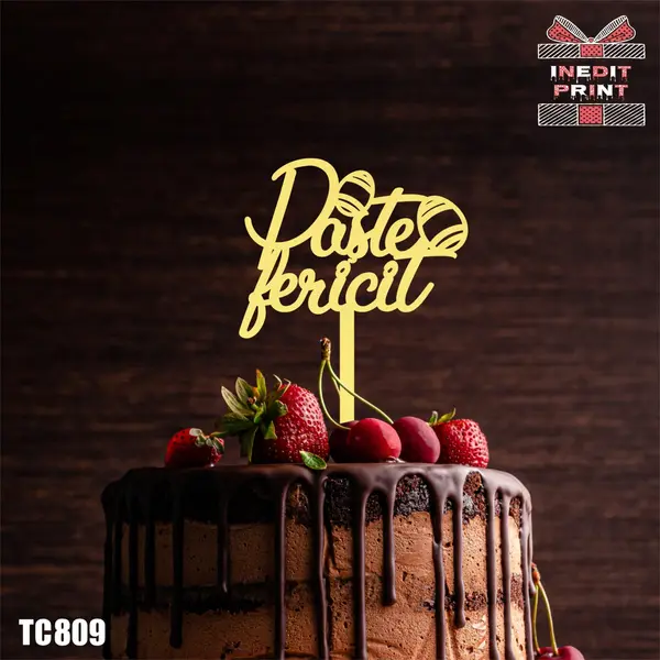 Topper Tort Paste Fericit cu oua TC809 Lemn natur, 20x20cm