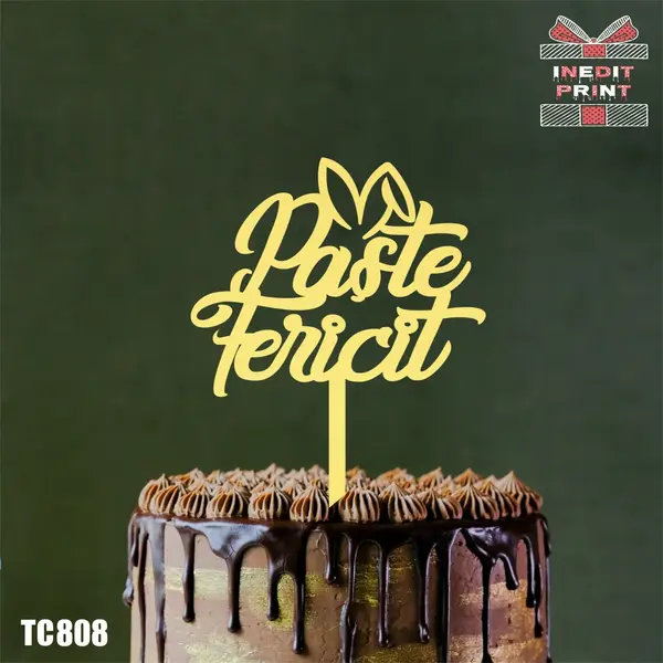 Topper Tort Paste Fericit Urechi de Iepuras TC808 Lemn natur, 10x10cm