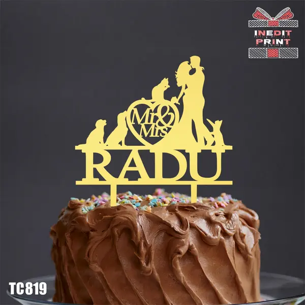 Topper Tort Personalizat Animale de companie TC819 Lemn natur, 13x13cm